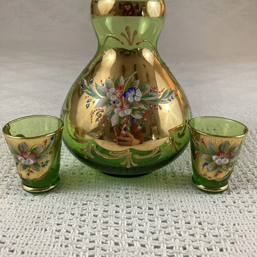 Venetian Italian Decanter Vintage Green and Gold Floral Stopper & 2 Shot Glasses